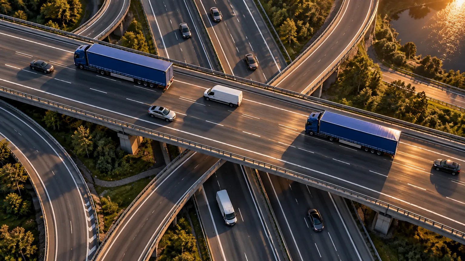 Intersecție de autostrăzi cu camioane și dube, văzută de sus